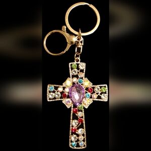 Jeweled Cross Keychain W/Purple Center Stone